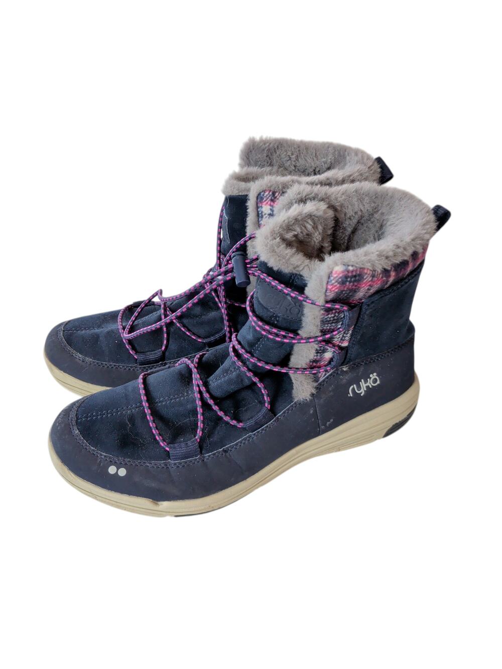 Ryka Sz 9 Aubonne Faux Fur Lined Ankle Sneaker Boots Navy Plaid Waterproof